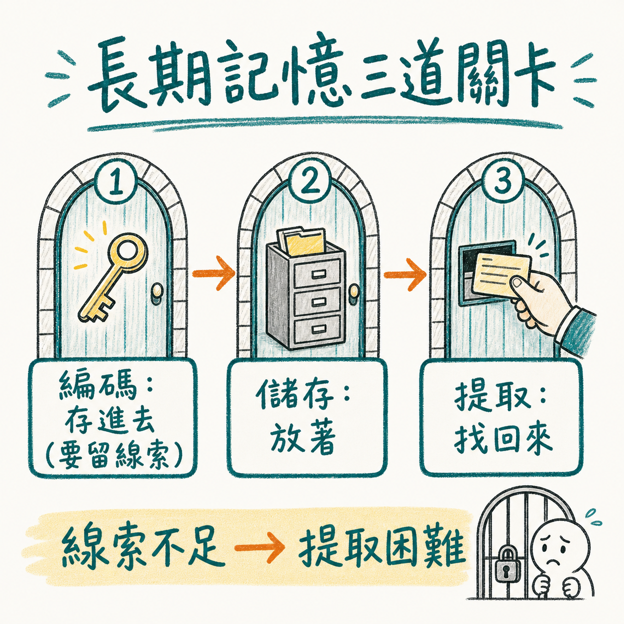 長期記憶三道關卡:編碼、儲存、提取;編碼時線索不足,之後就難以提取